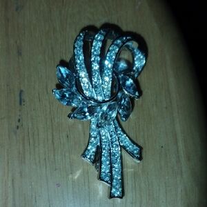 Silver-Tone Crystal Floral Ribbon Brooch - Clear Crystal